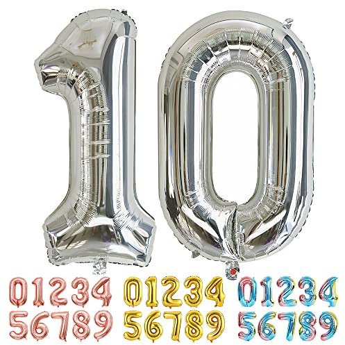 Ponmoo Luftballons Zahlen 10 Silber, Riesen Nummer 0 1 2 3 4 5 6 7 8 9 10-19 20-29 30-39 40 50 60 70 80 90 100, groß Folienballons für Hochzeit Jubiläum, Geburtstagsballons Party Dekoration