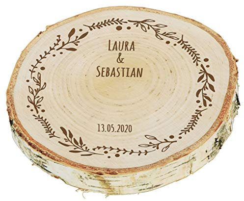 LAUBLUST Baumscheibe Personalisiert zur Hochzeit - ca. 18 cm, Florales Motiv | Ringkissen | Hochzeitsgeschenk & Deko