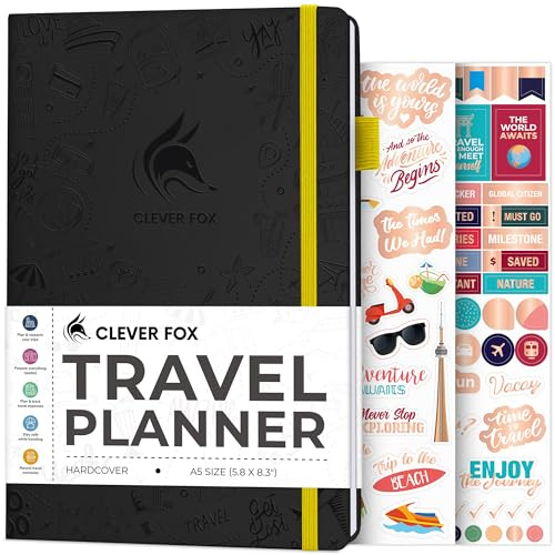 Clever Fox Travel Journal, Vacation Planner Organizer A5 Black | Trip itinerary planning notebook for women & men, international, cruise & world diary with packing list, gift for travelers