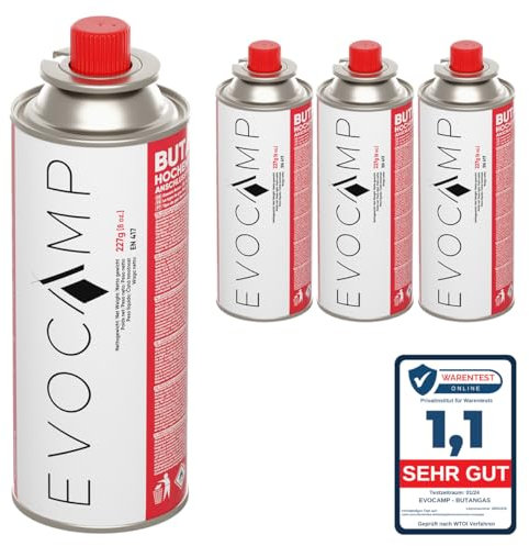 EVOCAMP 4X Stück Butan Gaskartuschen 227g Typ MSF-1a Bajonett Ventil ideal für Campingkocher, Gasheizung, Unkrautbrenner, Camping Gas Butangas Kartusche, Universaldruckgasdose für Camping und BBQ
