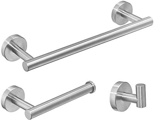 YUET Juego de Baño Sus 304 Acero Inoxidable 3 Piezas Gancho para Toalla Barra de Porta Papel Higiénico 12 Montado en la Pared Acabado Cepillado Instalación 12 inchs Taladro Plata