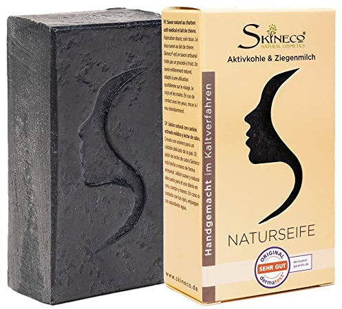 Skineco Naturseife | nachhaltige Ziegenmilchseife mit Aktivkohle | schwarze Seife | Stück Seife gegen fettige unreine Haut | Körperseife | handgemachte Naturkosmetik | Gesicht Reinigung