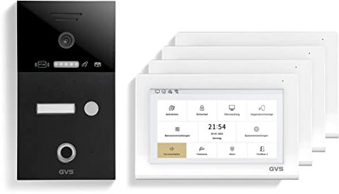 GVS - IP Video Türsprechanlage mit Türöffner, Fingerprint & RFID, HD Kamera, 4X 7 Zoll Monitor & App - Smarte Video Türklingel mit Kamera & Gegensprechanlage für 1 Familienhaus (AVS4482U)