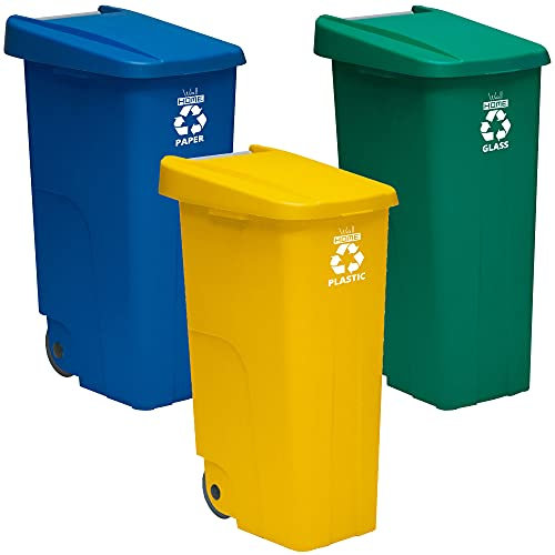 Pack reciclaje 3 Contenedores - cubo de basura Wellhome Reciclo 110L cerrado c/u: Azul (Papel y cartón) - Verde (Vidrio) - Amarillo (Plásticos)
