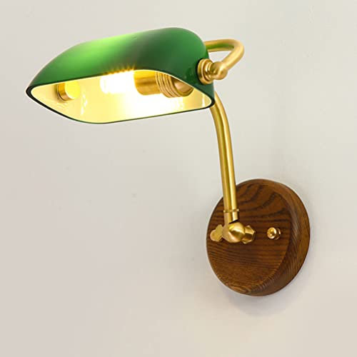 Landhausstil Wandleuchte Holz und Messing Nachttischlampe Schwenkbar Wand Leselampe Antik Innen Beleuchtung E14 Wandlampe Verstellbar Grün Glas Lampenschirm für Esszimmer Wohnzimmer Loft Studieren