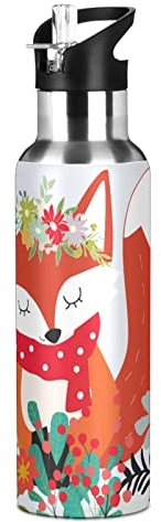 Fox Trinkflasche für Mädchen und Kinder, isoliert, Edelstahl, warm, kalt, mit Strohhalm-Deckel für Sport, Fitnessstudio, Laufen, 590 ml