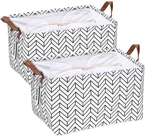 Sea Team 2Stk Aufbewahrungskorb, marokkanisches Gittermuster, Leinenstoff, faltbar, geometrisches Design, Aufbewahrungskorb mit Kordelzug und Kunstledergriffen, 41,9 x 29,2 cm, wasserdichte Innenseite