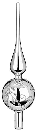 Christbaumspitze Glas 30cm Baumspitze mit Ornamenten Tannenbaumspitze Silber Frosty Silver