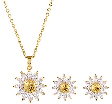 JewelryWe 3pcs Gänseblümchen Halskette Ohrringe Schmuck Set Damen Elegant Daisy Kristall Anhänger Kette Ohrstecker Gold