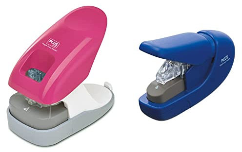 PLUS Japan, Klammerloser Hefter Schreibtischmodell in Pink, Heftleistung 10 Blatt, 1er Pack (1 x 1 Hefter) & , Klammerloser Hefter in Blau, Heftleistung 5 Blatt, 1er Pack (1 x 1 Hefter)