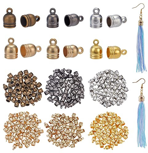 PandaHall 300 Stück Schnur Endkappe 6 Stil Kunststoff Quastenkappen Runde Einklebe Endkappen Endspitze Mit Schleife Ring Barrel Loop Kumihimo Endkappe Für DIY Quaste Ohrring Choker Armband