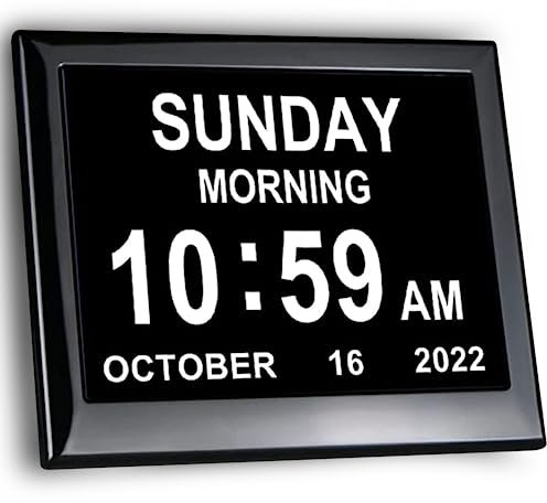KASTISS 8 Inch Black Digital Calendar Clock for Elderly, Dementia Clock with Days Dates and Time of Day, Programmable Medication Reminder No batteries required, Meaningful Gifts for Family