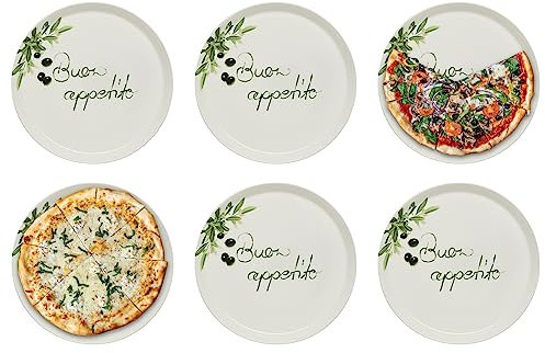 KHG 6er set Pizzateller, extra groß mit 30cm Durchmesser in Buono appetito Print, perfekt für Gastro und Zuhause, hochwertiges Porzellan, Spühlmaschinengeeignet & perfekt Stapelbar