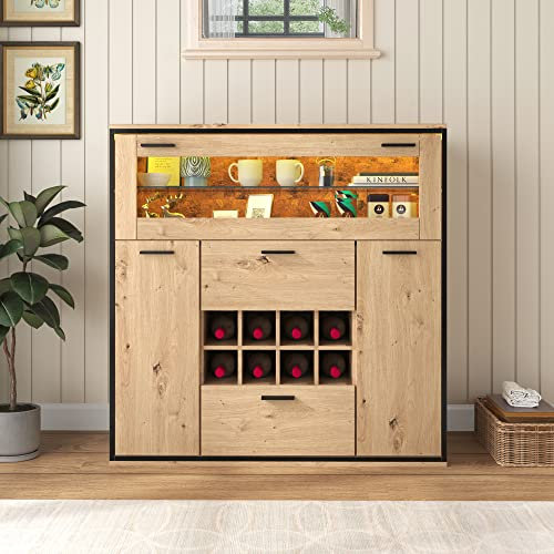 Azkoeesy Vitrine Sideboard in Holzmuster mit LED Licht, Ablage, Weinregal - 110x111x38 cm (BxHxT) Highboard Standvitrine Buffet für Wohnzimmer Schlafzimmer