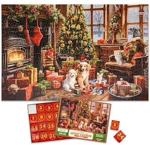 Christmas Advent Calendar 2025 Jigsaw Puzzles - Fireplace 1000 Pieces Holiday Puzzles for Kids and Adults, 70 x 50cm， 24 Boxes Puzzle Countdown Calendar to Christmas Family Toys Gift