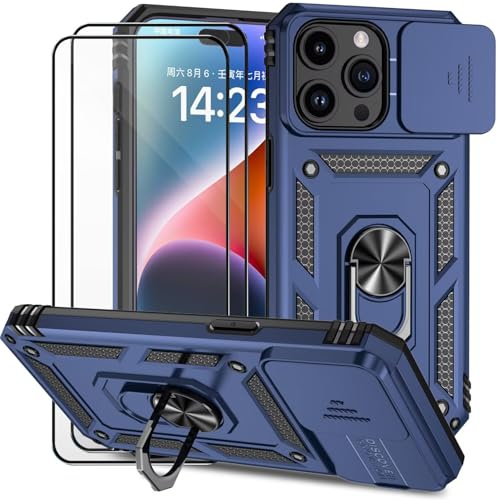 Dechyi für iPhone 15 Pro Max Hülle mit Panzerglas Schutzfolie Schutzhülle mit Kameraschieber Case 360° Drehbarer Militä Ständer Stoßfest Cover-blau