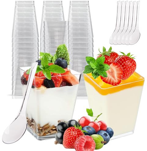 Dantolo 50 Pezzi Bicchieri da Dessert, 160ML Dessert Plastica Riutilizzabile,Bicchierini Finger Food Contenitori Quadrati Trasparenti Mousse, Gelati, Compleanni, Matrimoni