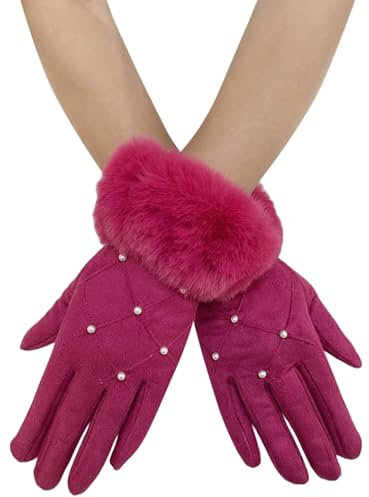 GFM® Guanti da donna in morbida pelliccia sintetica e perle per touchscreen (GLOVES, S0-Fucsia Rosa, Taglia unica