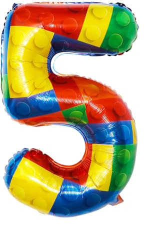 Yiran Helium Balloon 32 Inch Building Block Number Balloon, Colorful Block Number 5 Foil Mylar Balloons 5th Birthday Party Brick Theme Decorations Supplies for Boys Girls Kids Birthday Balloons