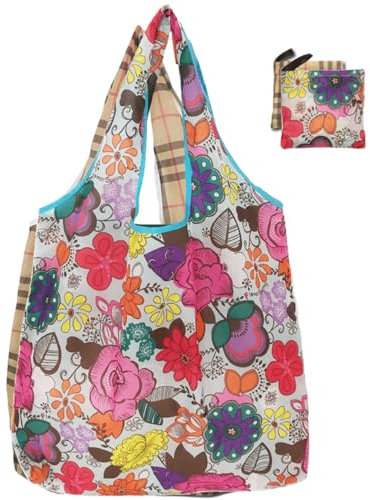 FAVORTALK Fold Up Bags for Shopping Reusable Nylon - Fold Away Shopper Bag for Women Ladies 2 Pcs Foldable Eco-friendly Grocery Tote Folding into Attached Pouch D16110