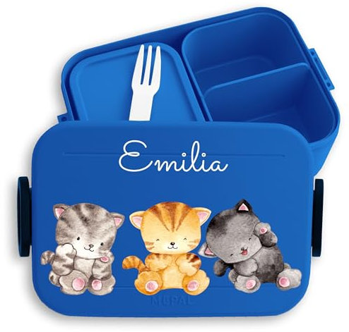 Kinder Bento Box Midi Lunchbox für Mepal Bentobox - Katze - Niedliche Katzen Brotdose Miezekätzchen I Katzenliebe I Katzenfreunde - 900 ml - Blau - vesperdose kindergarten dose mädchen cat