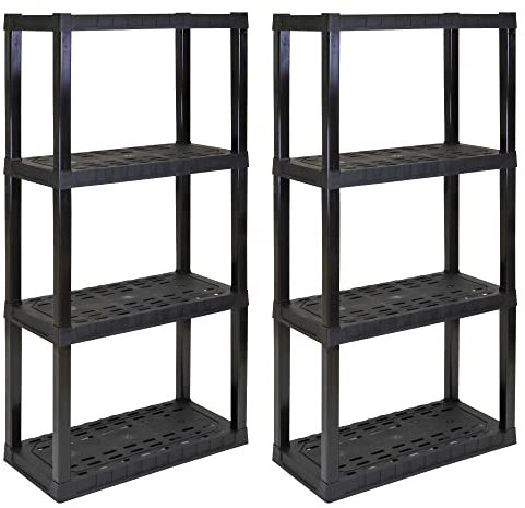 4 Tier Shelf Garage Plastic Shelving Unit Storage Shelves 400 lbs (180 kg) Interlocking Racking Shelves Multipurpose Organizer for Kitchen Workshop Office 35.56 x 76.20 x 144.78 cm Pack of 2- Black
