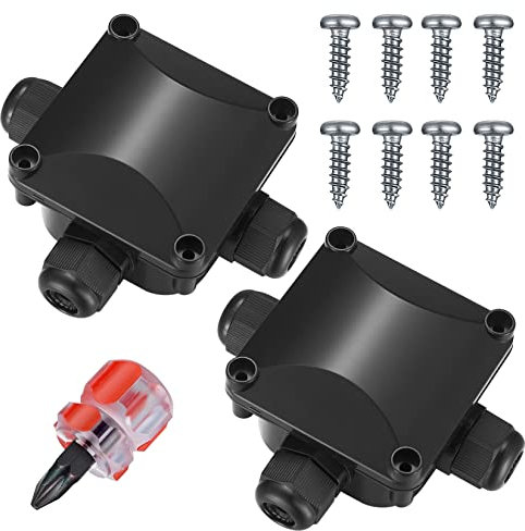 2-Pack IP68 Waterproof Outdoor Junction Box, Black 3-Way External Wire Connectors for Ø 6mm-10mm Lighting Cable