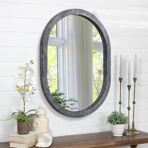JJUUYOU Großer ovaler Holzspiegel, Wandspiegel, Bauernhaus, Holzrahmen, Badezimmerspiegel, 45 x 65 cm, rustikaler schwarzer Spiegel für Waschtisch, Wohnzimmer, Eingangsbereich, Schlafzimmer, Schwarz