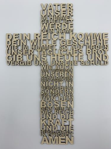 Busch Manufaktur Vater unser Gebet aus Holz Kreuz geschnitten Geschenk Taufe Konfirmation Kommunion Wandschmuck Wandkreuz 28cm x 21cm Deutsch