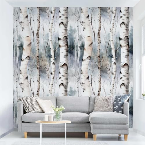Bilderwelten Fototapete Wald 96 x 96 cm Waldtapete Aquarell Birken-Wald Vliestapete Tapete Wanddeko Ideen