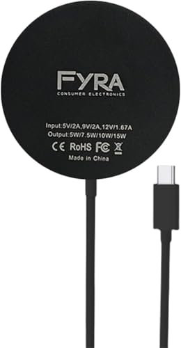 Fyra-Cargador inalámbrico Compatible con iPhone magnético de 15W15/15 Pro/15 Pro Max/14/13/12. Cable de Carga a USB-C. Adaptador Type C a USB. (Negro, Sin Adaptador)