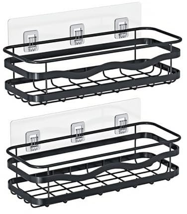 Estanteria Ducha sin Taladro 2 Piezas, Gran Capacidad Estanteria Baño sin Taladro, Adhesivo Estante Baño Pared, Repisas para Baño Negro, Estante Ducha sin Taladro para Baños y Cocinas
