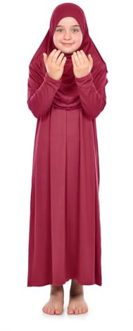ihvan online Einteiliges muslimisches Kleid für Mädchen Langarm islamisches Gebetskleid mit Kopfschal für muslimische Mädchen Jilbab Hijab Muslim Girls Mode Abayas Größe: 8-12 Jahre, Rot
