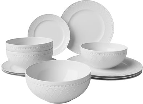 Yoshy Vajilla de porcelana de hueso de malla blanca en relieve de 12 piezas con diseño ligero y duradero resistente a las astillas, servicio para 4 personas