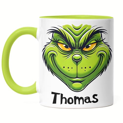Kiddle-Design Grinch Tasse mit Namen Grün Anti Weihnachten Weihnachtstasse Lustig Personalisiert Weihnachten Nikolaus Wichtelgeschenk