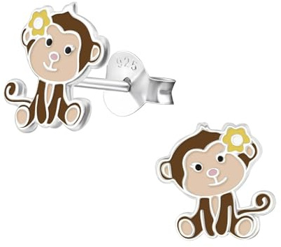 Monkimau Affe Kinder Ohrringe | 925 Silber | Mädchen Ohrstecker Schmuck | Hypoallergen & Nickelfrei | Kinderohrringe Geschenkidee