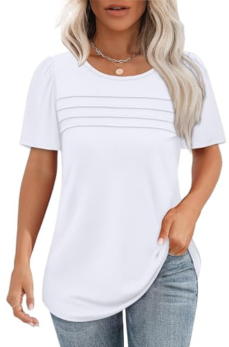 Aokosor Ladies White Tops T Shirts for Women UK Size 18-20 Summer Short Puff Sleeve Tshirt Pleated Front Curved Hem Tees Casual Loose Fit