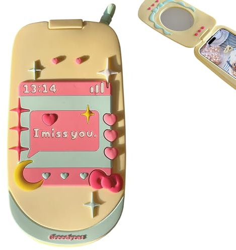 YAKVOOK Mirror Case Compatible with iPhone 14，Cute Kawaii 3D Cartoon Retro Phone Cover Fun Soft Rubber Shockproof Protector for Women Girls-Flip Yellow