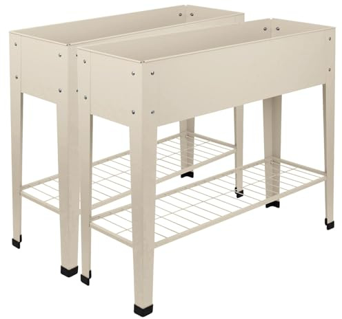 Harbour Housewares Erhöht Erhöhte Gartenbeete mit Beinen & Lagerregal - Elfenbein - 2x Metall Erzogen Bett Verzinktes Stahl Pflanzer Kasten für den Anbau Im Freien Pflanzen, Gemüse, Blumen und Kräuter