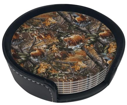 Untersetzer mit Jagdmotiv und Hirsch, Bär, Elch, rund, 6er-Set, hitzebeständig, für den Tisch