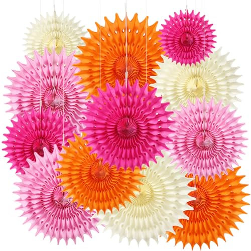 BestoFun 12PCS Paper Fans Hot Pink and Orange Party Decorations Tissue Paper Flowers Decorations for Girl Groovy Birthday Baby Shower Wedding Bachelorette Room Wall Hanging Décor
