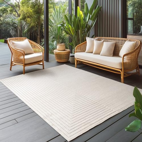 Carpettex Outdoor Teppich wetterfest, Wohnzimmer, Schlafzimmer, Garten, Balkon, Kurzflor Creme, Hoch-Tief-Effekt, weich & waschbar, pflegeleicht, 240x340 cm