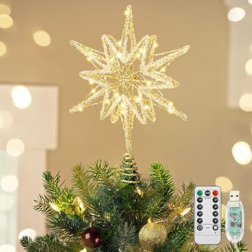 Luxspire Weihnachtsbaumspitze, beleuchtet Stern Baumspitze mit USB Plug-in&Fernbedienung, 9,8 LED Metall Dekorationen Licht, Xmas Baum Vintage Modern Ornament für Home Party, Crystal Hexagram-Gold