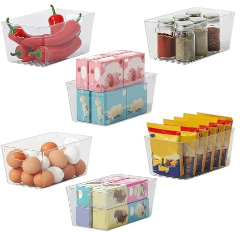 SWTOIPIG Set de 6 Organizadores de Nevera Compactos 24x13x11 cm | Cajas de plástico transparente ideales para objetos pequeños y almacenamiento en estantes, despensa y frigorífico.
