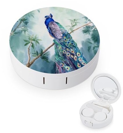 fkgvwo Contact Lens Container Peacock Travel Contact Lens Box with Mirror Tweezers Solution Bottle