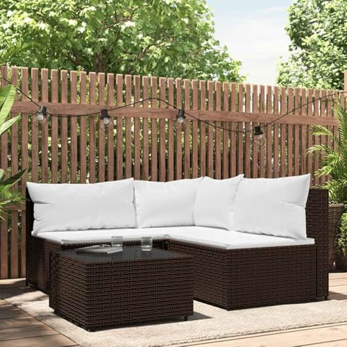 Owoxanthellate 4-TLG. Gartenlounge Set braun 63 x 63 cm, Poly-Rattan Eckbank mit Hocker, kleines Sofa für Balkon & Terrasse, wetterfest, modernes Design