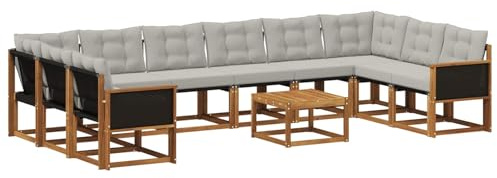 vidaXL Outdoor-Sofagarnitur mit Kissen 11 pcs Natur und Hellgrau, Garten-Sofa, modernes Outdoor-Satz, haltbare Terrassenmöbel, perfekte Lounge für Entspannung und Komfort