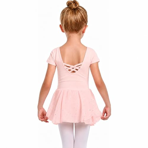 SolyLuby Girls Ballet Dress Short Sleeve Crisscross Ballet Outfit | Cotton Kids Dance Gymnastics Leotard Dress with Sequin Chiffon for Toddler Girls 2-10 Years