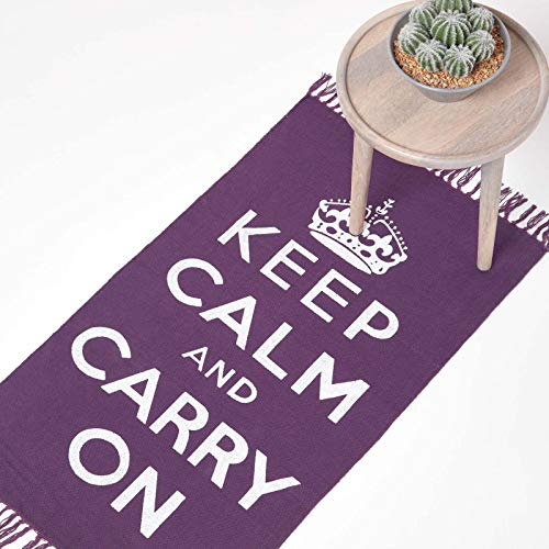 Homescapes Webteppich Keep Calm and Carry On lila-weiß 60x100 cm, Baumwollteppich handgewebt mit Fransen, handbedruckt mit Spruch & Krone