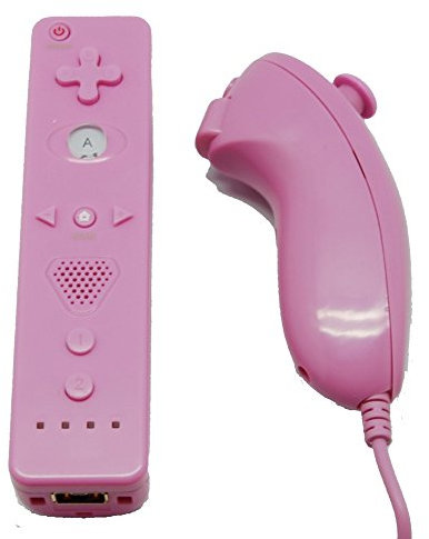 Pack Mando Wii Remote con Wii motion plus incorporado+ Nunchuck Compatible Wii Color ROSA